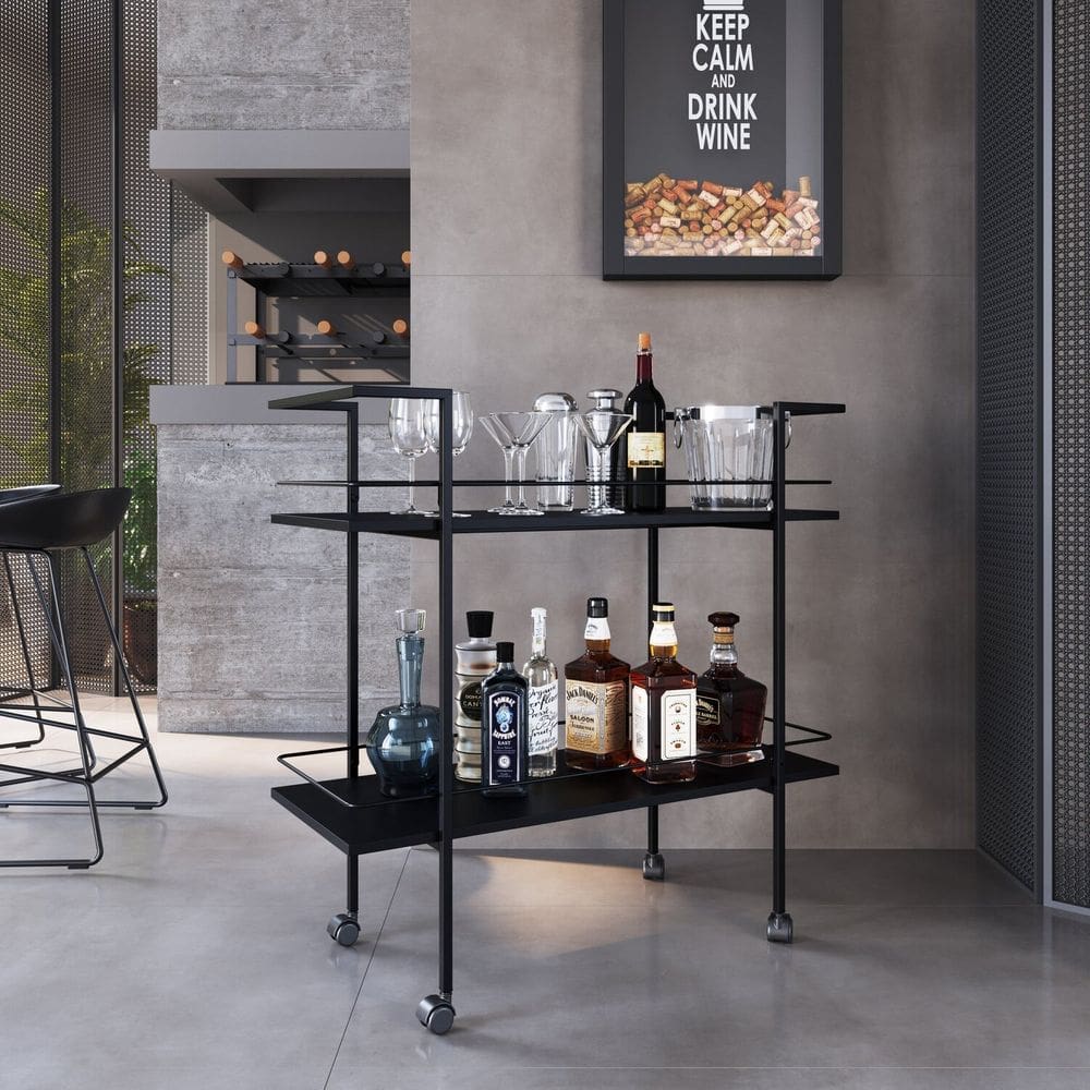 Carrinho Bar Estilo Industrial com 2 Prateleiras Preto