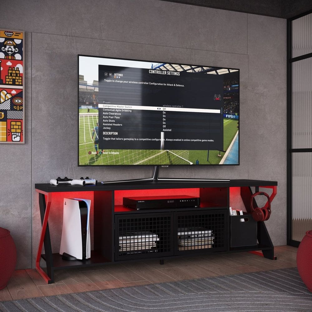 Rack Gamer Estilo Industrial para Tv até 60" com Iluminação em Led Rgb P1033 Vermelho/Preto