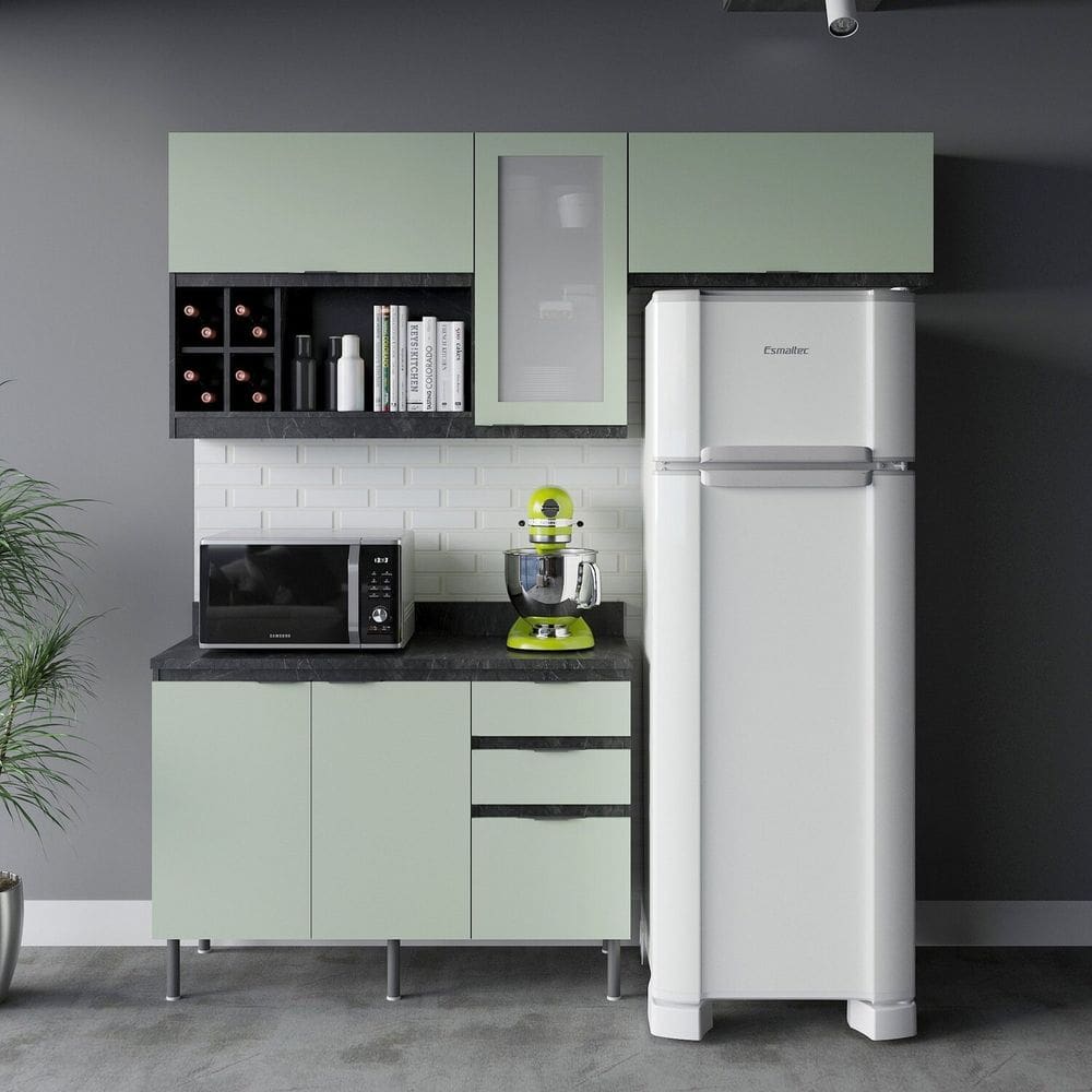 Cozinha Compacta Orquídea 180cm 3 Peças, 5 Portas e 3 Gavetas com Divisor de Talheres e Tampo Cz1202 Mármore Lunar/Verde Mar