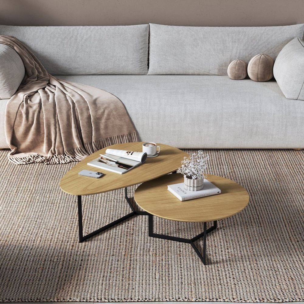 Conjunto Mesa de Centro Trento Organica e Redonda 35cm X 90cm X 60cm - 30cm X 67cm X 67cm Natural Tawary/Preto