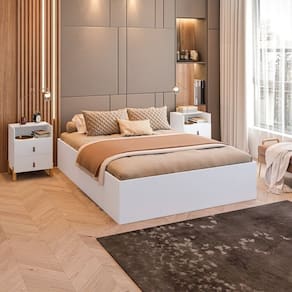 Conjunto Cama Box Casal Lia com Mesa de Cabeceira com 1 Nichos e 2 Gavetas Domus Branco