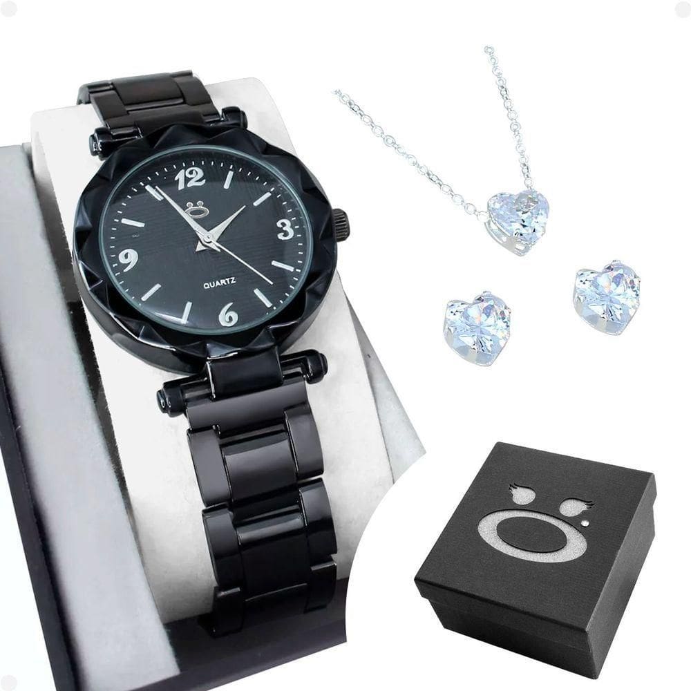 Relogio Feminino Preto Aço Caixa Brincos Presente Social