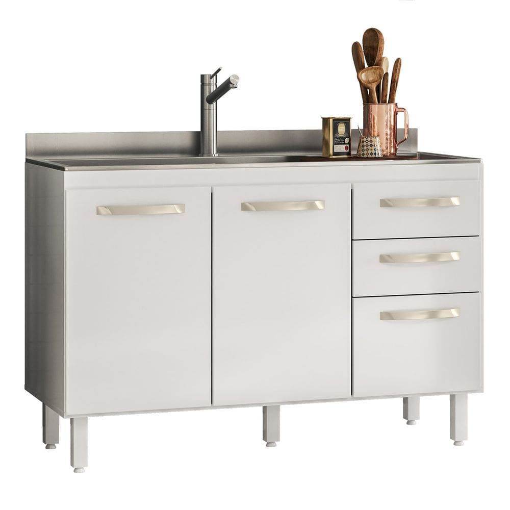 Balcão de Cozinha Com Pia Inox 120cm Nicy N03 Branco - Mpozenato