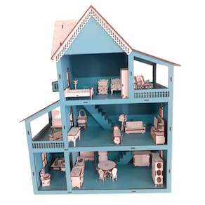 Casa Casinha Mdf Pintado Azul + Kit 30 Moveis Em Mdf