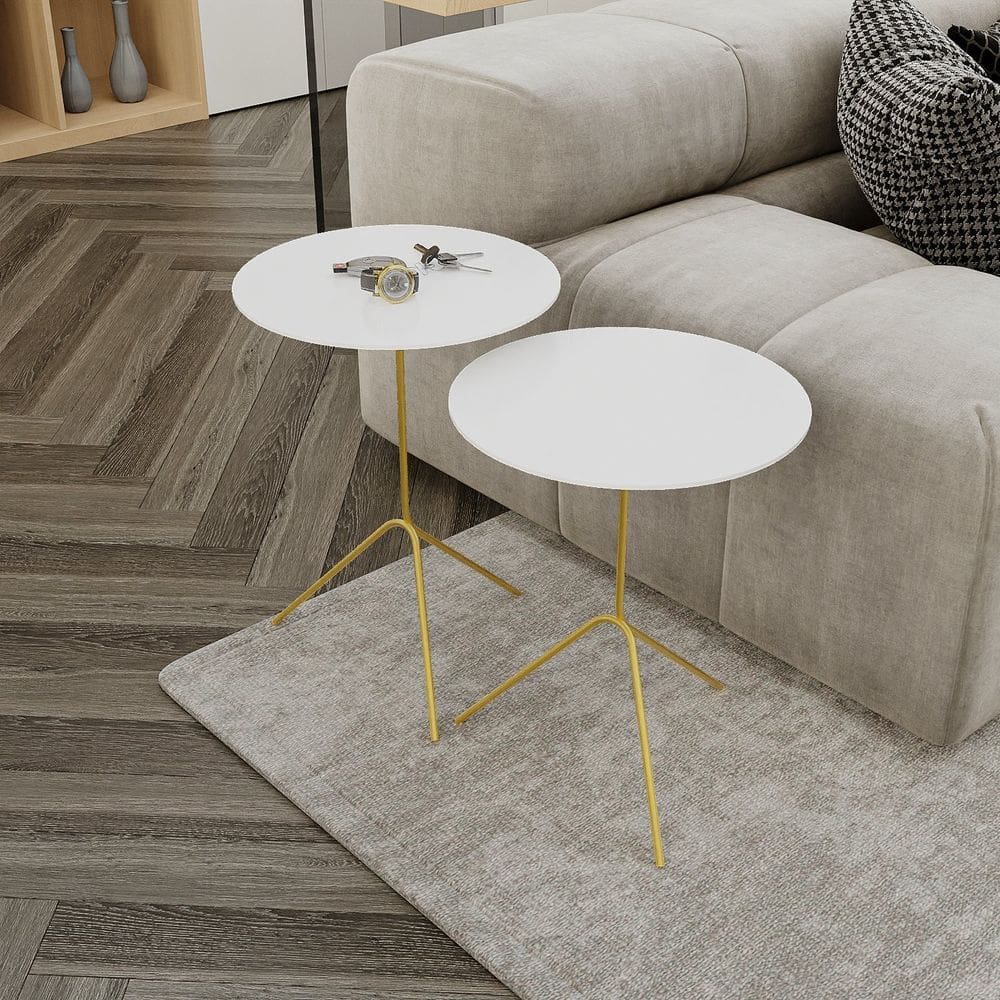 Conjunto Mesa de Canto Pugly 55x40x40cm Branco/Dourado