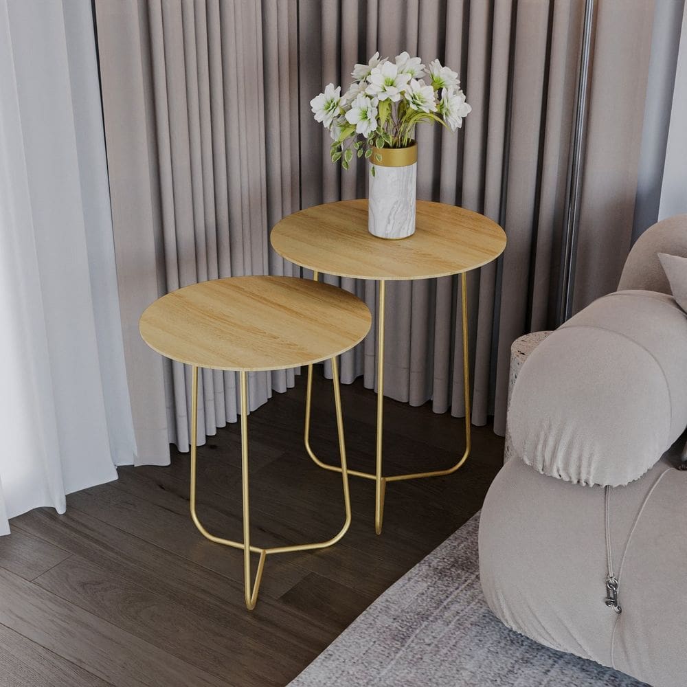 Conjunto Mesa de Canto Trude 55cm X 45cm X 45cm Natural Tawary / Dourado