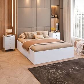 Conjunto Cama Box Casal Lia com Mesa Cabeceira com 3 Gavetas Dumont Branco