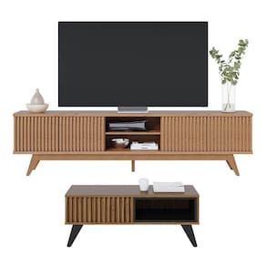 Kit Sala de Estar com Rack Para TV Ripado e Mesa de Centro Noce Preto Colibri