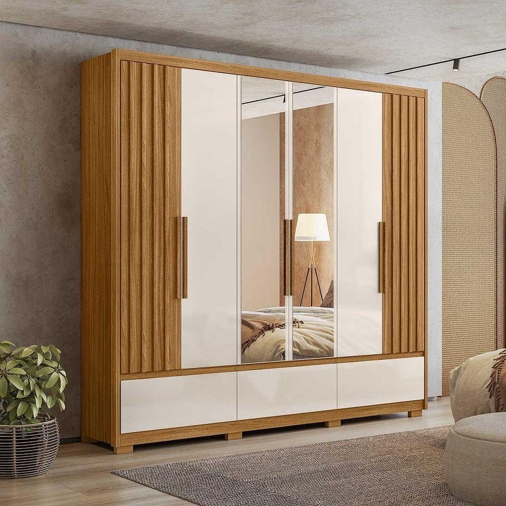 Guarda Roupa Casal Grande com Ripado e Espelho 240x230cm Amazonas Moval Freijó Off White