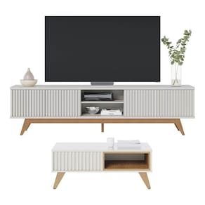 Kit Sala de Estar com Rack TV Ripado com Mesa de Centro Off White Freijó Colibri