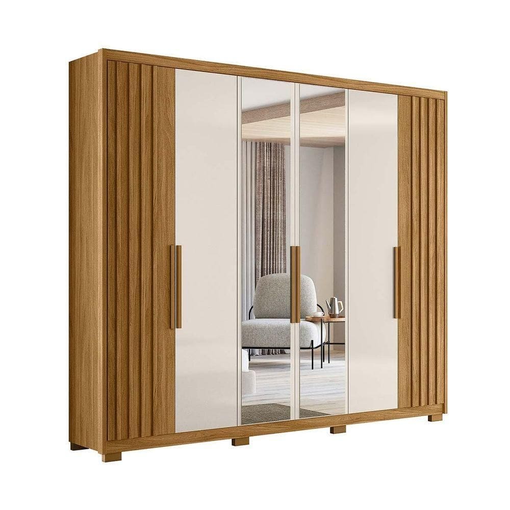 Guarda Roupa Casal Grande com Ripado e Espelho 260x230cm Araguaia Moval Freijó Off White