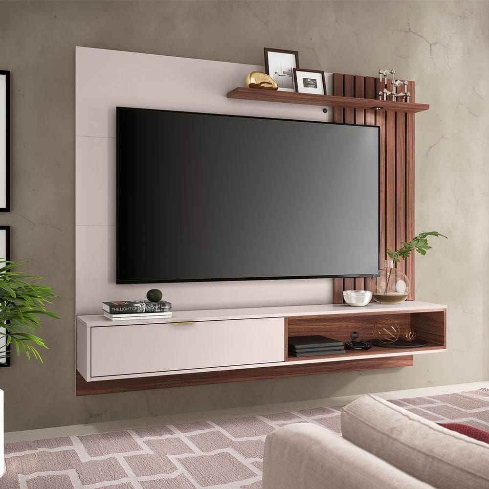 Painel Home Suspenso com Detalhe Ripado e Spot Led Para TV Até 60` Tocantins Off White Nogueira