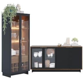 Kit com Cristaleira Led e Buffet Aparador Porta Vidro Preto Colibri