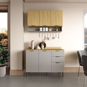 Cozinha Modulada Ibiza 02 Peças 100% Mdf - com Tampo Louro Freijó | Cinza