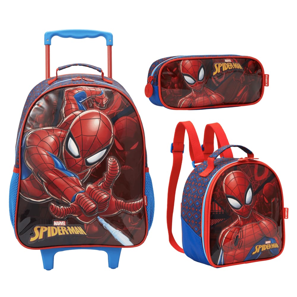 Kit Mochila Rodinha Homem Aranha Lancheira Estojo Escolar 13330