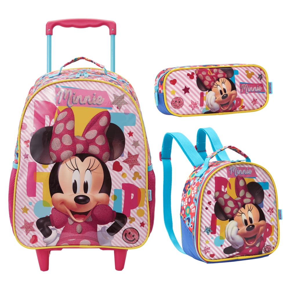 Kit Mochila Rodinha Minnie Lancheira Estojo Infantil Escolar 13190