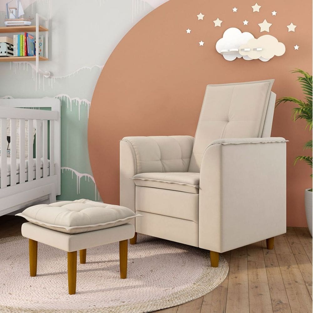 Poltrona Decorativa Amamentação Reforçada e Puff Alice Linho
