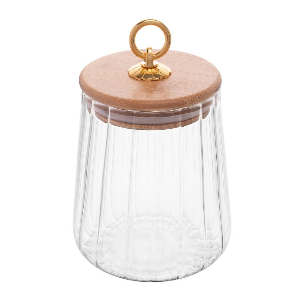 Pote Porta Mantimentos de Vidro Canelado Boleado C/Tampa de Bambu e Puxador de Metal Classic 750ml Wolff