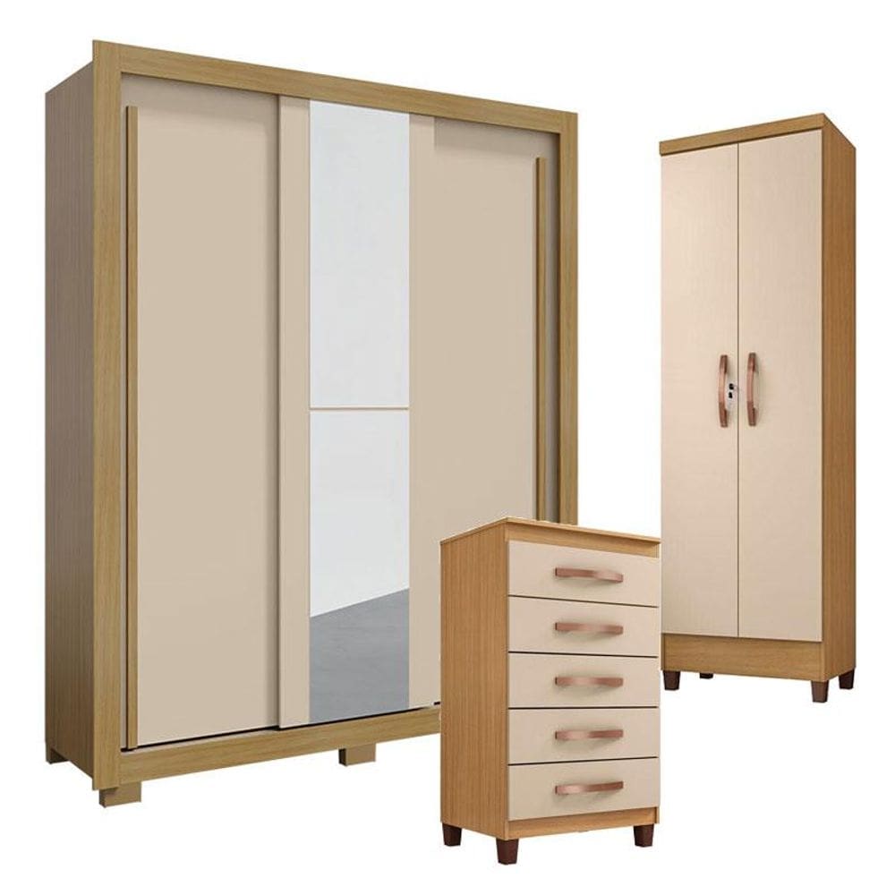 Guarda Roupa Solteiro Nevoa Flex 3 Portas de Correr com Cômoda Cannes 5 Gavetas e Armário Multiuso Egito Carvalho Americano Off White – Incorplac
