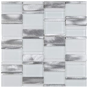 Pastilha Mesclada de Vidro e Inox 29,4 X 29,8cm Petrus Glass Mosaic placas Branco/Metal