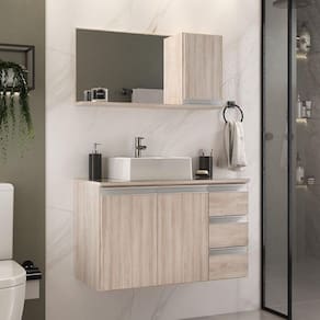 Conjunto Gabinete Banheiro Prisma 80cm Gabinete + Cuba + Espelheira Com Vidro Madeirado Inteiro