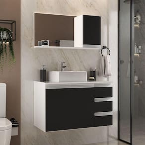 Conjunto Gabinete Banheiro Prisma 80cm Gabinete + Cuba + Espelheira Com Vidro Branco Preto
