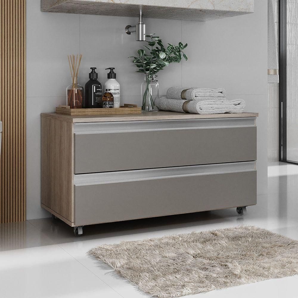 Gabinete Banheiro Rodinhas Joia 80cm 02 Gavetas Madeirado Cinza