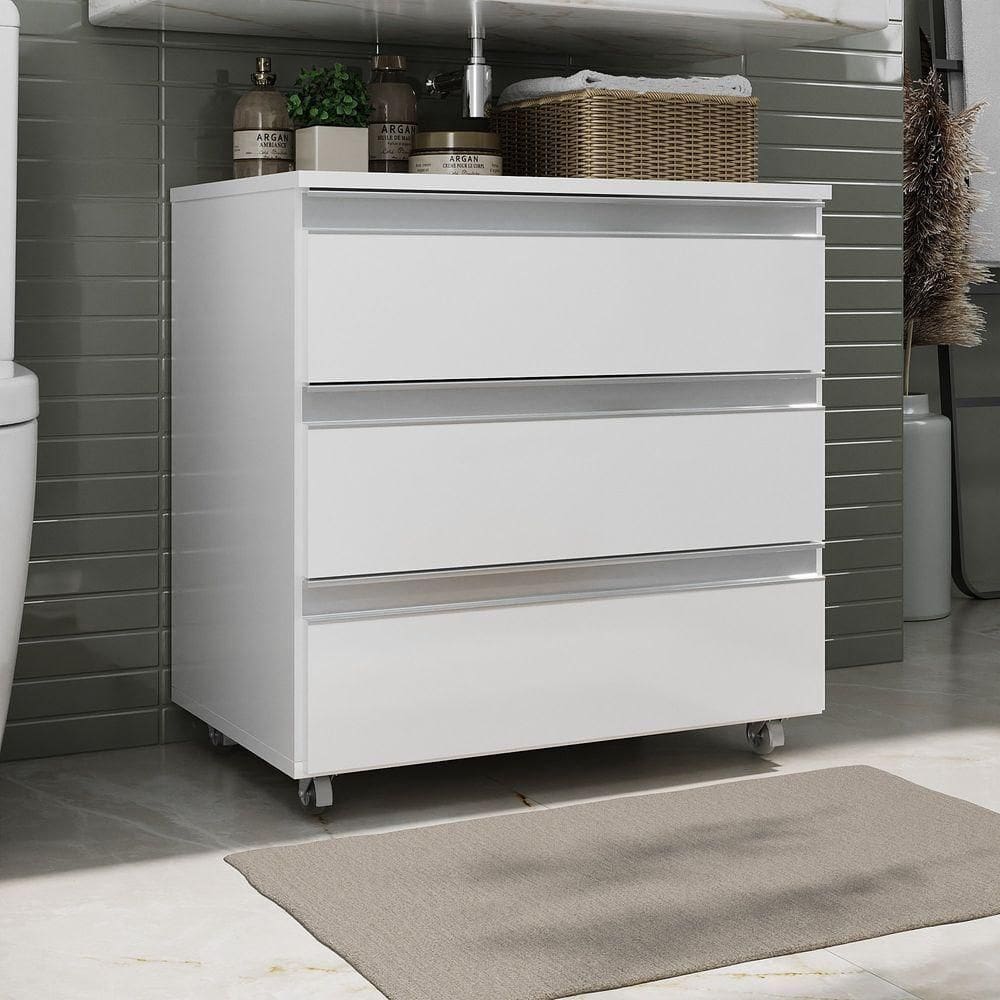 Gabinete Banheiro Rodinhas Joia 60cm 03 Gavetas Branco Inteiro