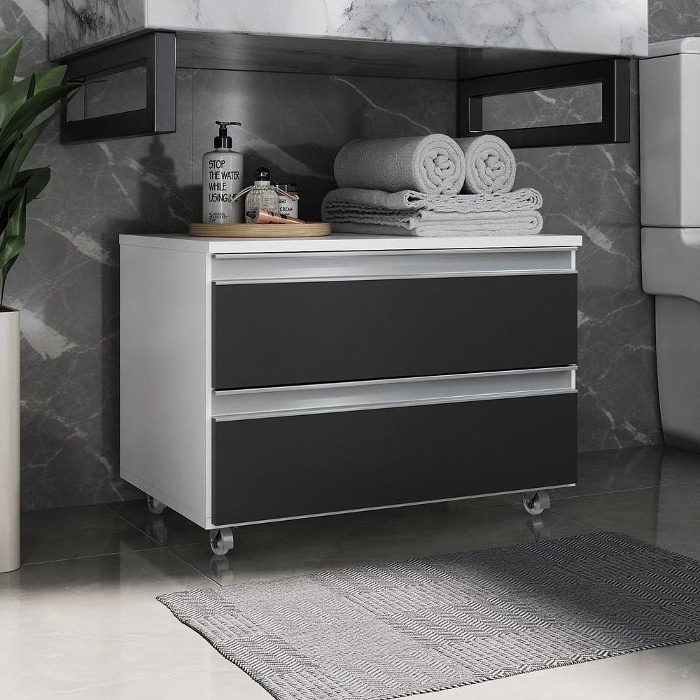 Gabinete Banheiro Rodinhas Joia 60cm 02 Gavetas Branco Preto