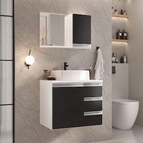Conjunto Gabinete Banheiro Prisma 60cm - Gabinete + Cuba + Espelheira Branco Preto