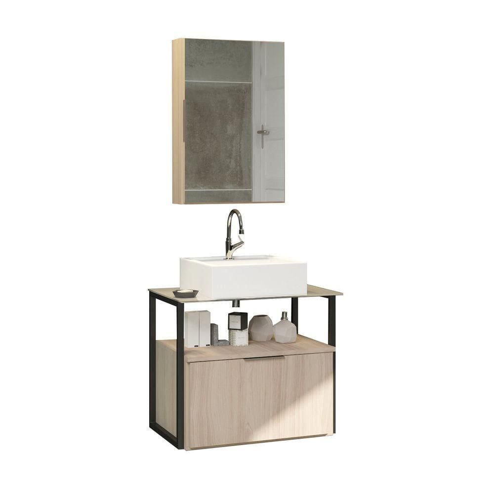 Conjunto Gabinete Urbe 60cm Madeirado Inteiro Tampo Branco Cuba Branca