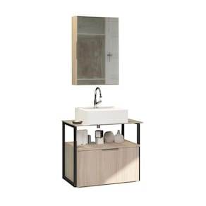 Conjunto Gabinete Urbe 60cm Madeirado Inteiro Tampo Branco Cuba Branca