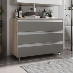 Gabinete Banheiro Rodinhas Joia 80cm 03 Gavetas Madeirado Cinza