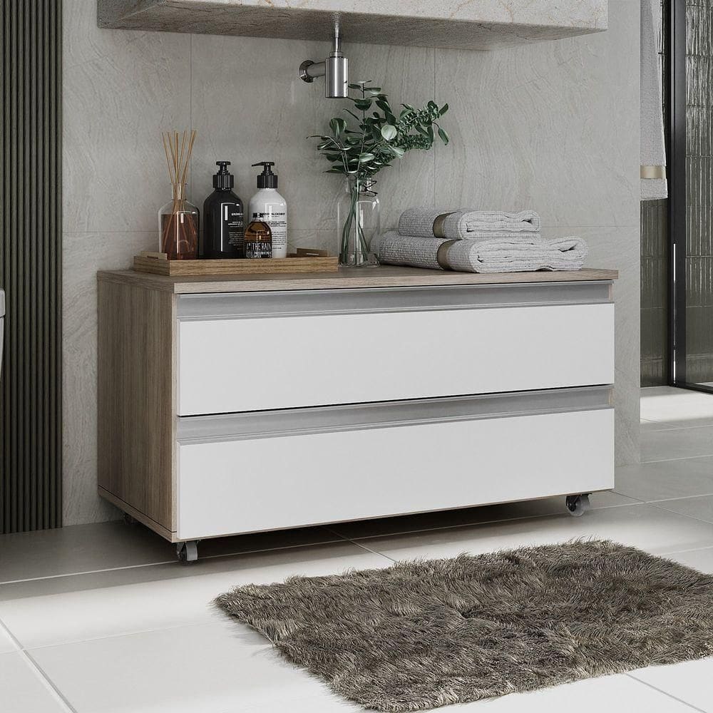 Gabinete Banheiro Rodinhas Joia 80cm 02 Gavetas Madeirado Branco