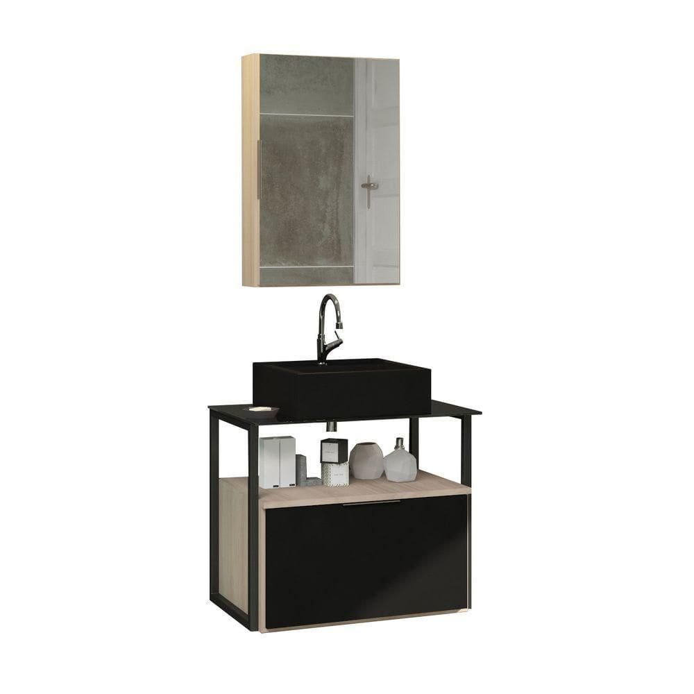 Conjunto Gabinete Urbe 60cm Madeirado Preto Tampo Preto Cuba Preto