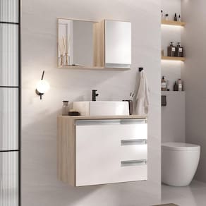 Conjunto Gabinete Banheiro Prisma 60cm Gabinete + Cuba + Espelheira Madeirado Branco