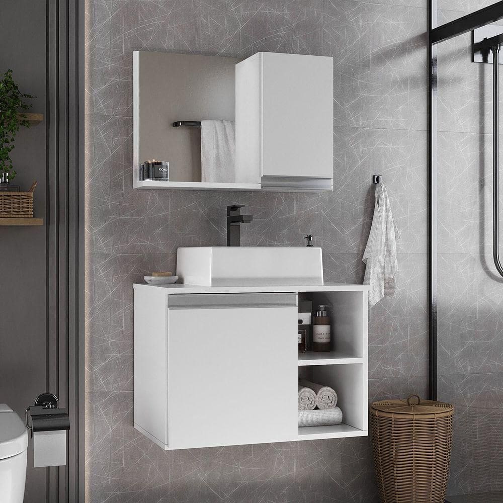 Conjunto Gabinete Banheiro Virtus 60cm - Gabinete + Cuba + Espelheira Branco Inteiro