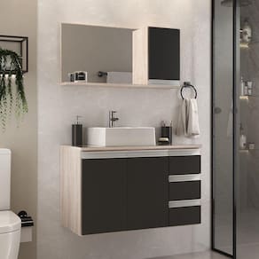 Conjunto Gabinete Banheiro Prisma 80cm Gabinete + Cuba + Espelheira Com Vidro Madeirado Preto