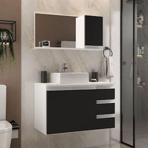 Conjunto Gabinete Banheiro Prisma 80cm Gabinete + Cuba + Espelheira Branco Preto