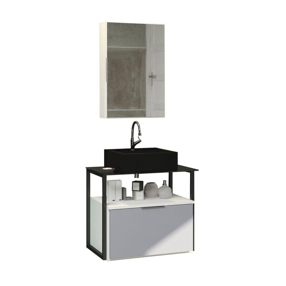 Conjunto Gabinete Urbe 60cm Branco Cinza Tampo Preto Cuba Preto