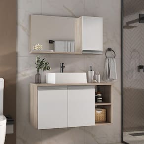 Conjunto Gabinete Banheiro Virtus 80cm - Gabinete + Cuba + Espelheira Madeirado Branco