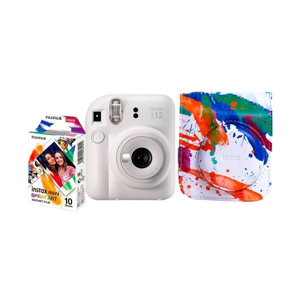 Kit Câmera Instantânea Instax Mini 12 Branca com Pack 10 fotos e Bolsa Spray Art