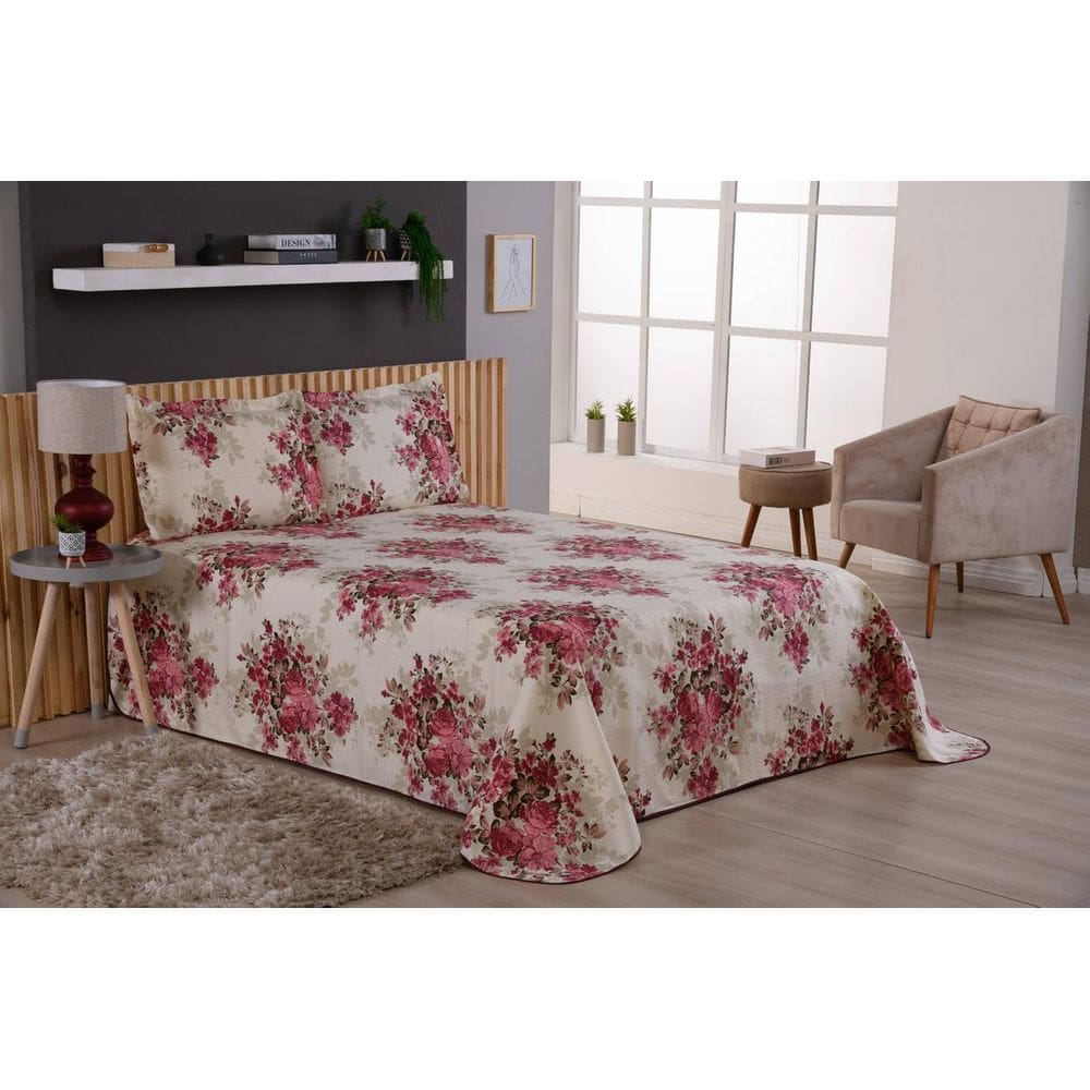 Cobre Leito Estampado Cama King Size Viena Flores 3 Peças