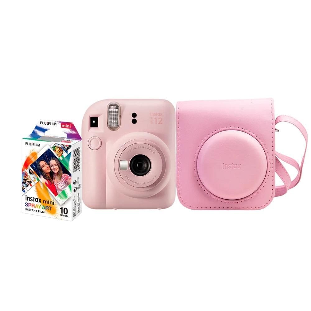 Kit Câmera Instantânea Instax Mini 12 Rosa com Pack 10 fotos e Bolsa Rosa