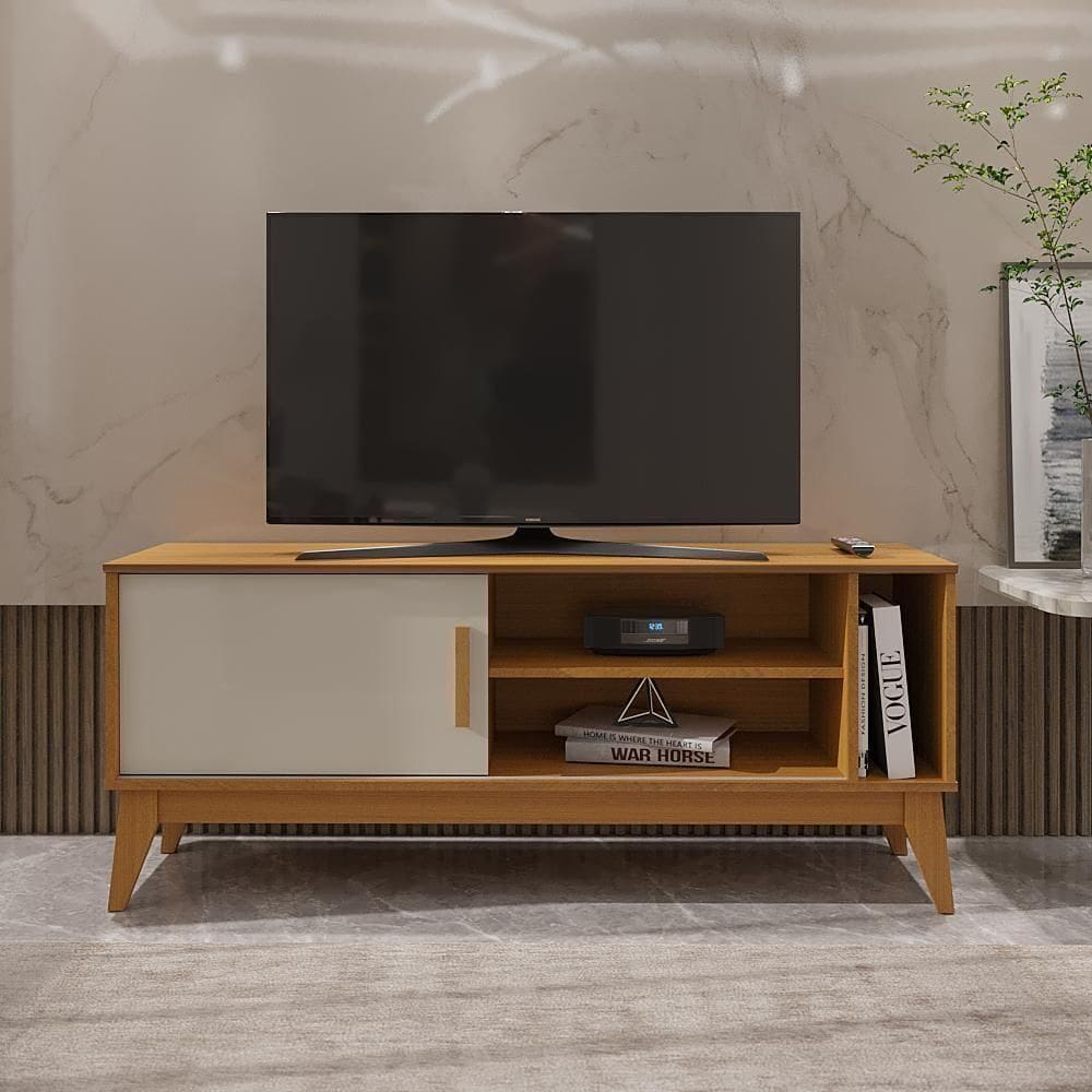 Rack Para Tv Até 55\" 1 Porta Com Puxador Em Madeira Maciça Nero 136cm Retrô Cedro E Off White