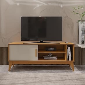 Rack Para Tv Até 55\" 1 Porta Com Puxador Em Madeira Maciça Nero 136cm Retrô Cedro E Off White