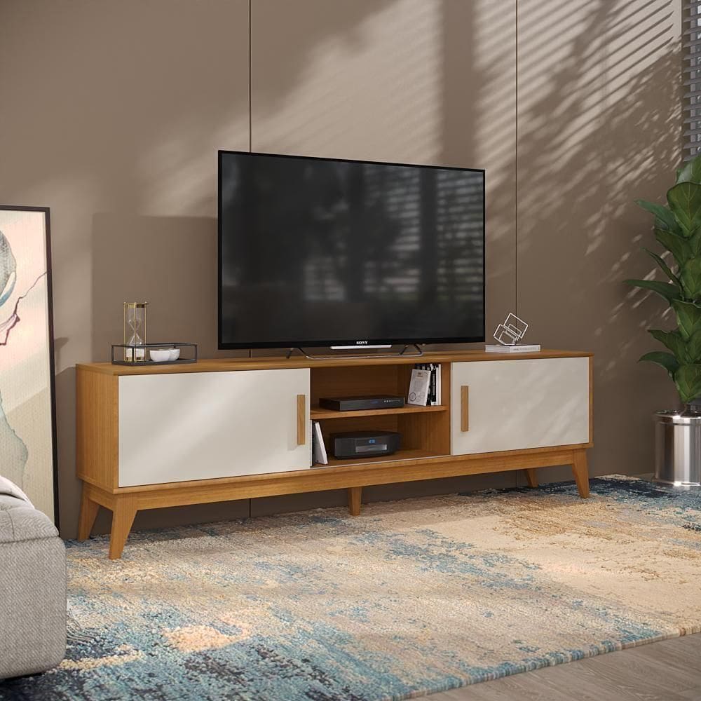 Rack Para Tv Até 65 Polegadas 2 Portas Com Puxador Em Madeira Maciça Domus180cmRetrô Cedro E Off White