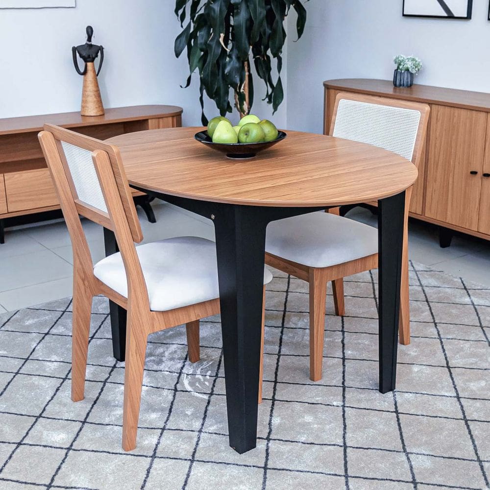 Conjunto Mesa de Jantar Extensível com 2 Cadeiras Encosto Tela 100% MDF Preto Bege Dalla Costa