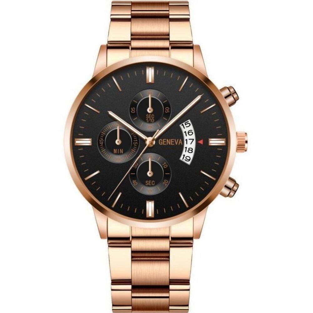 Relógio Masculino Geneva Quartz Aço Inoxidável Correia Rose