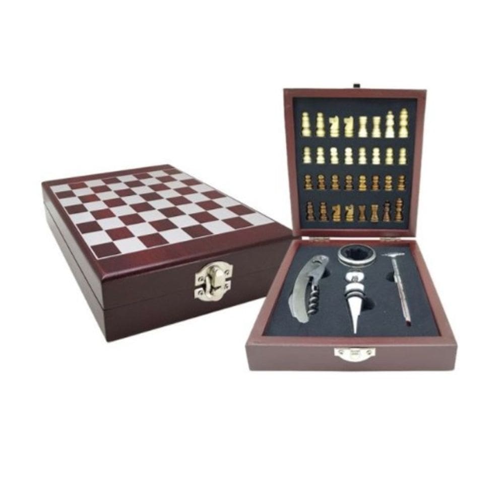 Kit Abridor Vinho Saca Rolha Inox Tampa Maleta Jogo Xadrez